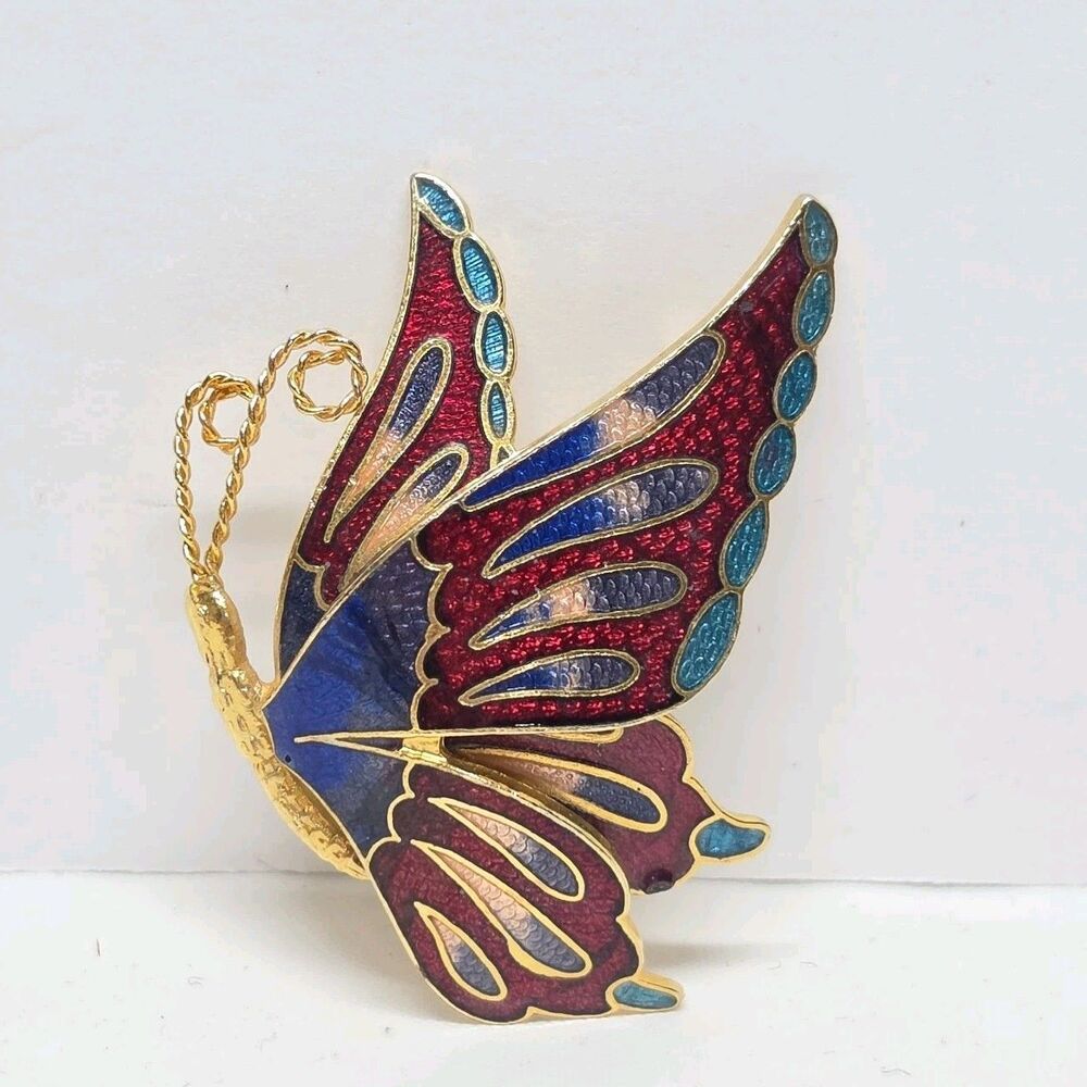 Vintage Cloisonne Butterfly Brooch Pin 80s Multi Color Gold Burgundy Blue Boho